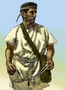 Dibujo que imagina un hondero balear, quien lleva el hondo de cuerda en la mano con un proyectil de piedra, con una bolsa para llevar más proyectiles.