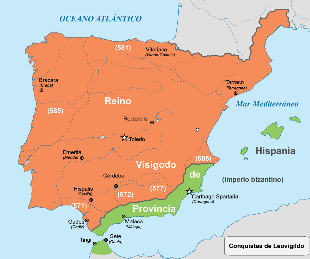 Mapa que muestra los territorios controlados por el rey visigodo Leovigildo (todo lo que hoy son España y Portugal además de una estrecha franja en la costa mediterránea francesa; exceptuando la costa sureste de la península), con fechas indicando cuándo conquistó territorios: conquistó los antiguos territorios suevos en el norte y el noroeste en 581 y 585, y disminuyó los territorios bizantinos en la costa mediterránea en cuatro campañas en 571, 572, 577 y 585.