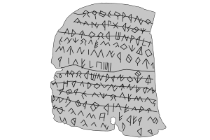 dibujo que reproduce el texto escrito en el alfabeto íbero sobre una plancha de plomo