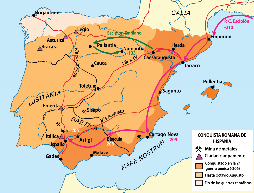 mapa que muestra tres fases de la conquista romana de la Península Ibérica. Primero en la Segunda Guerra Púnica, hasta 206 antes de Cristo: la costa mediterránea. Segundo hasta Octavio Augusto en el primer siglo antes de Cristo, todo el resto de la península excepto Asturias, Cantabria y Galicia. Tercero al final de las guerras cántabras cuando los romanos tomaron control del último rincón al noroeste de la península.