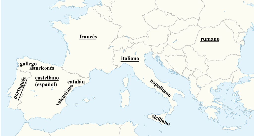 mapa de Europa mostrando la ubicación de los siguientes idiomas romances: el portugués, el gallego, el castellano, el asturleonés, el catalán, el valenciano, el francés, el italiano, el napolitano, el siciliano y el rumano. El portugués, el castellano (español), el francés, el italiano, y el rumano son marcados como los cinco idiomas romances más importantes.