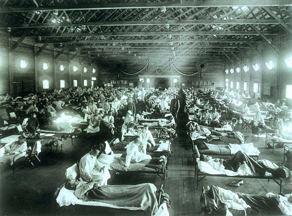 sala de un hospital de emergencia con filas y filas de camillas con pacientes de la gripe y doctores y enfermeras atendiéndolos