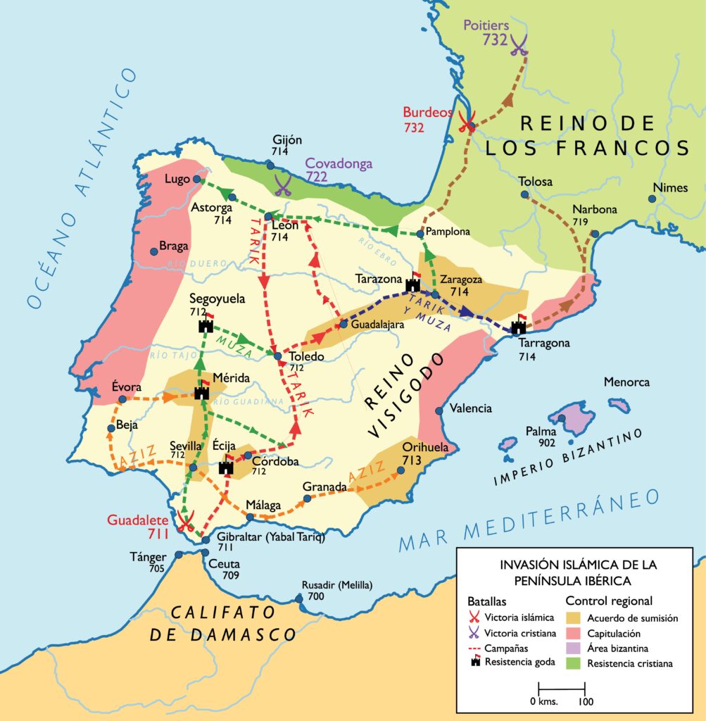 Mapa que muestra la invasión islámica de la Península Ibérica. Marca una serie de campañas (military campaigns) comenzando con la batalla de Guadalete en 711, por la toma de Astorga, León y Zaragoza en 714, hasta la resistencia exitosa de los cristianos en la batalla de Covadonga en 722.