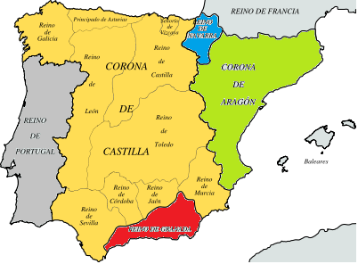 Mapa que muestra el Reino de Portugal, la Corona de Castilla (que incluye todo el centro de la península, desde el Principado de Asturias en el norte al Reino de Sevilla en el sur), el Reino de Navarra, la Corona de Aragón, y el único reino taifa restante, el Reino de Granada en el sureste de la península.