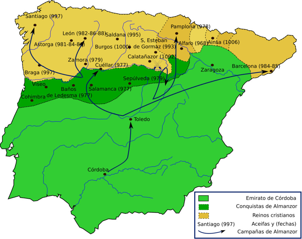 Mapa que muestra las conquistas de Almanzor que expandieron el Califato de Córdoba al norte, el río Duero, y flechas que notan las campañas de Almanzor a diferentes ciudades cristianas: Pamplona en 973, Barcelona en 984 y 985, Santiago en 997, y varias otras.