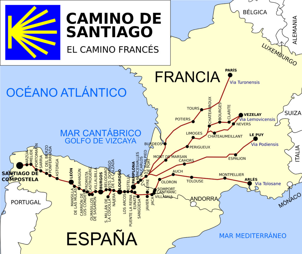 Mapa del Camino de Santiago mostrando las rutas desde Francia, con las ciudades en el camino; desde París uno cruza la frontera española en Roncesvalles y llega a Pamplona, luego Logroño, Burgos y León (entre otras ciudades más pequeñas) hasta terminar en Santiago de Compostela
