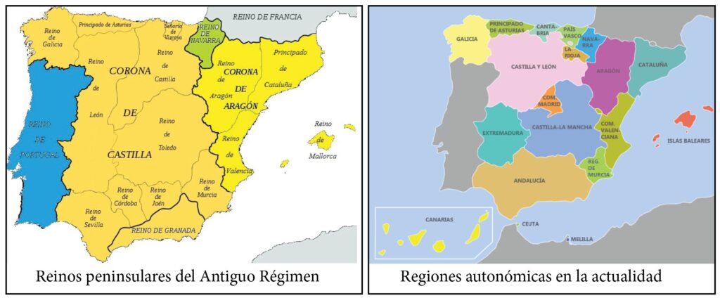 un mapa muestra los Reinos peninsulares del Antiguo Régimen (Castilla, Aragón y Granada) con sus provincias que habían sido reinos cristianos o musulmanes; otro mapa muestra las Regiones autonómicas españolas en la actualidad. Muchas de las fronteras son similares, si no iguales, a las medievales.