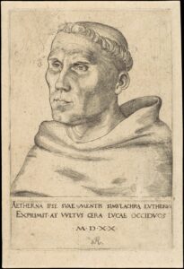 Dibujo de la cara vista de perfil de un hombre de edad mediana vestido de monje