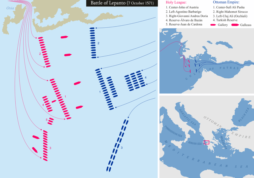 Mapas mostrando dónde ocurrió la batalla de Lepanto (en el Golfo de Patras, Grecia), y la disposición de los barcos de los dos lados, la Liga Santa versus el Imperio Otomano