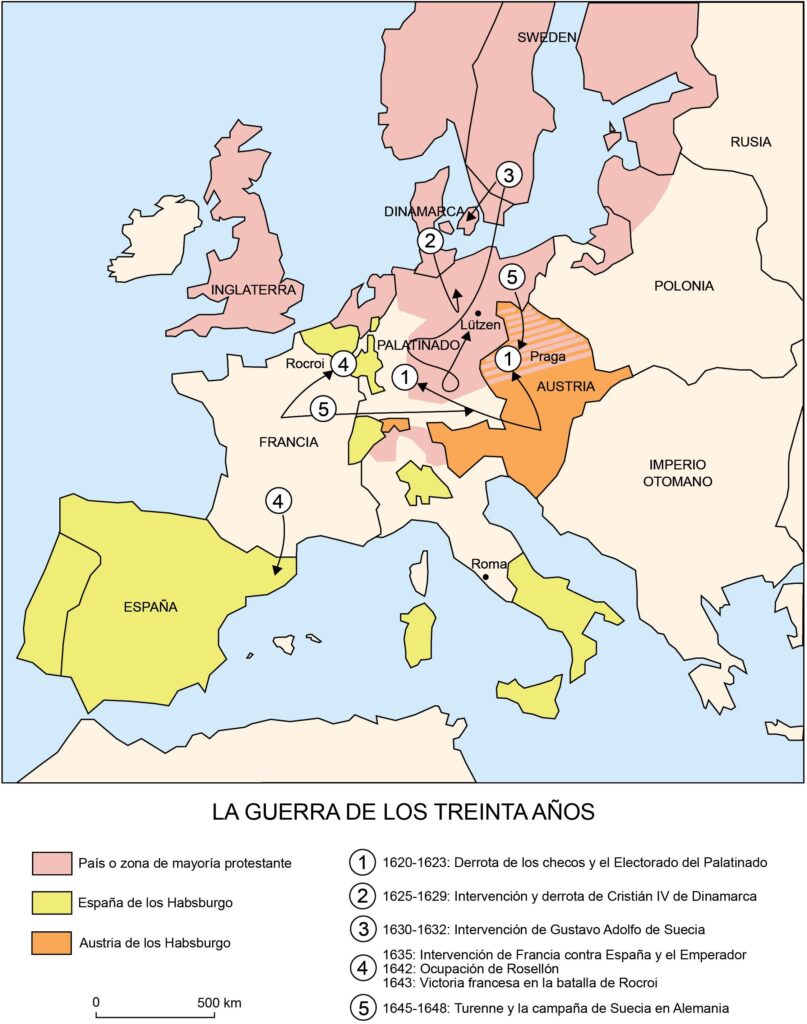 Mapa de la Guerra de los Treinta Años que muestra los países o zonas de mayoría protestante, la España de los Habsburgo (con sus territorios en Cerdeña, Sardinia, Nápoles, Portugal y parte de los Países Bajos) y la Austria de los Habsburgo. Cinco flechas indican campañas militares desde Dinamarca, Suecia y Francia entre 1620 y 1648