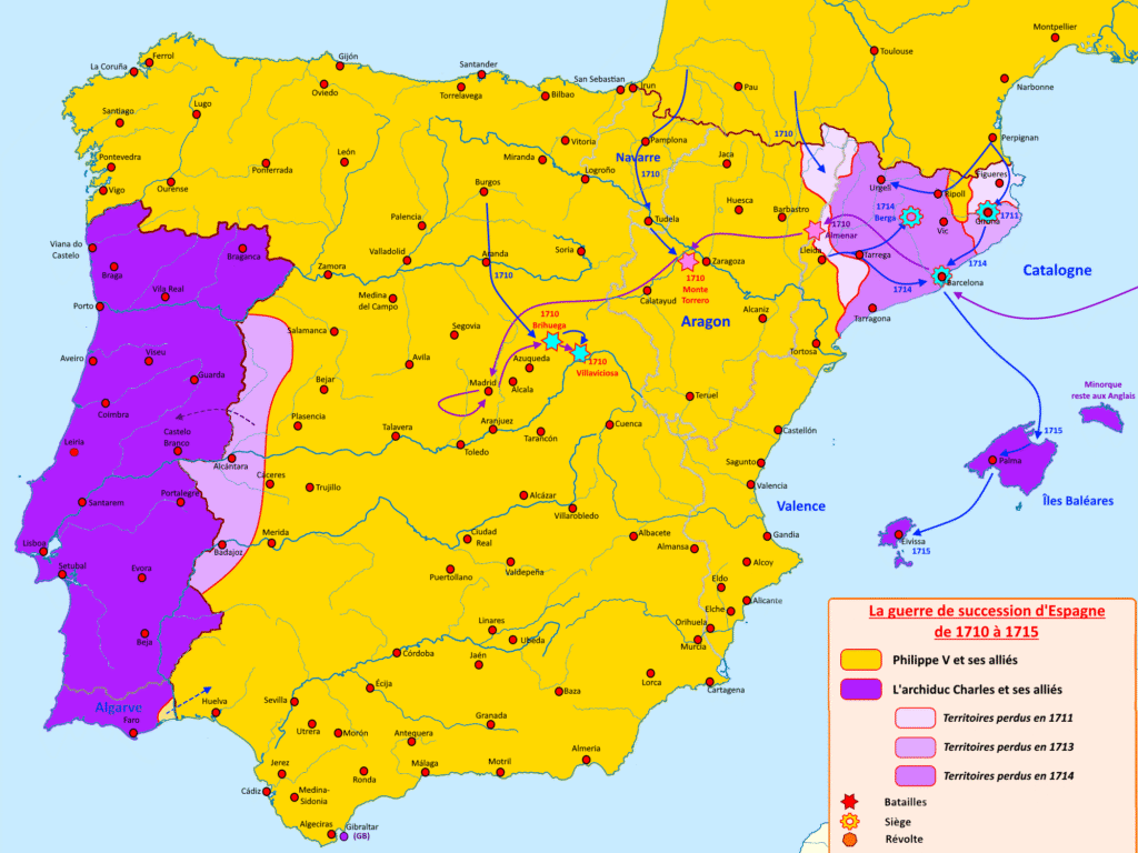 Mapa de la Península Ibérica en 1715 mostrando que Portugal y Cataluña lucharon a favor del Archiduque Carlos de Habsburgo