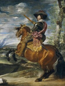 Retrato ecuestre de un hombre en armadura militar lujoso (excepto que lleva un sombrero alado en vez del casco); monta un caballo encabritado y apunta hacia adelante con una vara gruesa