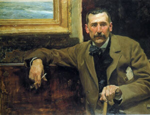 una pintura en el estilo impresionista que muestra a Pérez Galdós sentado, con sus bigotes grandes, un cigar en la mano derecha y un bastón de caminar en la mano izquierda
