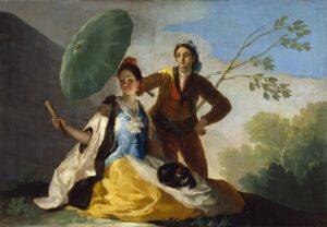 pintura en óleos con colores alegres mostrando un joven que sostiene un parasol sobre una joven sentada en un prado con un perrito en su regazo