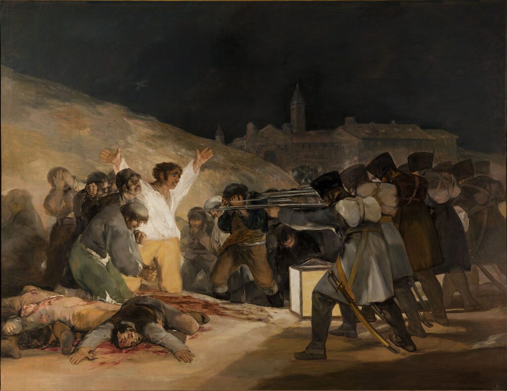 pintura en óleos con colores alegres mostrando un joven que sostiene un parasol sobre una joven sentada en un prado con un perrito en su regazo